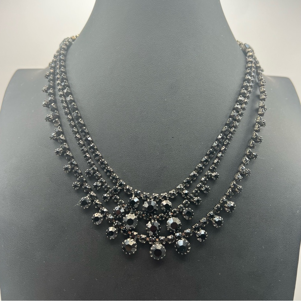 Spectacular Vintage Three Strand Black Rhinestone Necklace & Clip Earrings Set